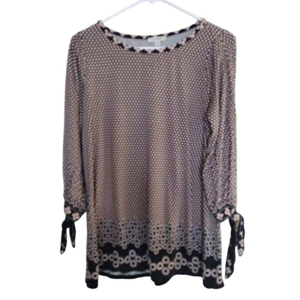 Max Studio Blouse Women Small Black Pink Geometric Tunic 3/4 Sleeve Flowy Boho